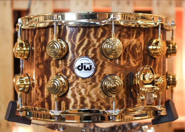 DW 8x14 Collector's Mahogany Spruce Light Walnut Stain over Super Quilted Maple Snare Drum - SO#1424835