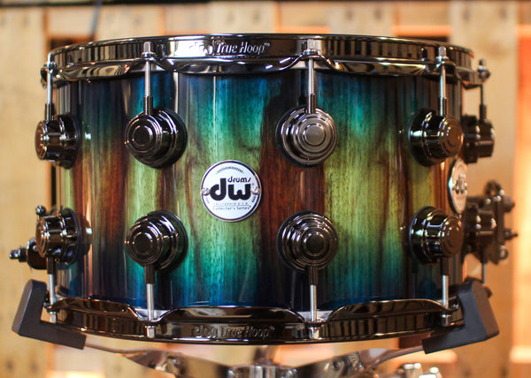 DW 8x14 Collector's SonicPly Natural to Regal Blue Burst over Candy Stripe Padauk Snare Drum - SO#1441739