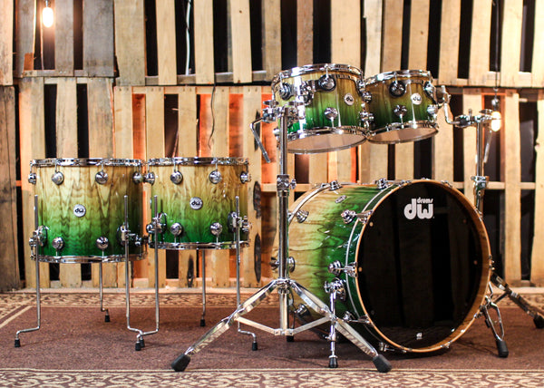 DW Collector's 333 Green Fade over Vertical Olive Ash Burl Drum Set - 22,10,12,14,16 - SO#1381839