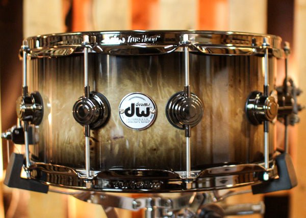 DW 6.5x14 Collector's Maple Mahogany Candy Black Burst over Mapa Burl Snare Drum - SO#1391649