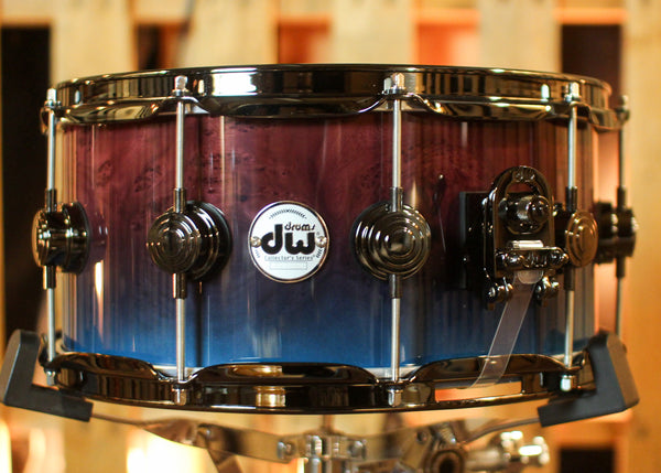 DW 6.5x14 Collector's Pure Birch HVLT Purple to Regal Blue Fade over Elm Burl Snare Drum - SO#1424764