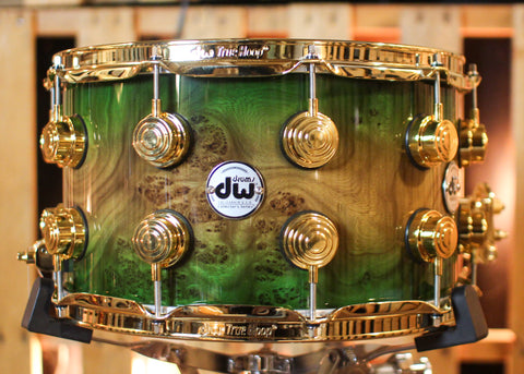 DW 8x14 Collector's Maple/Spruce Emerald Green Burst over Elm Burl Snare Drum - SO#1424837