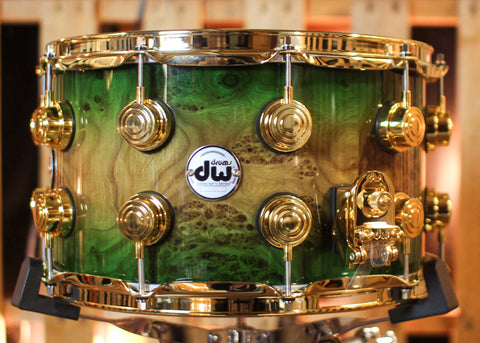 DW 8x14 Collector's Maple/Spruce Emerald Green Burst over Elm Burl Snare Drum - SO#1424837