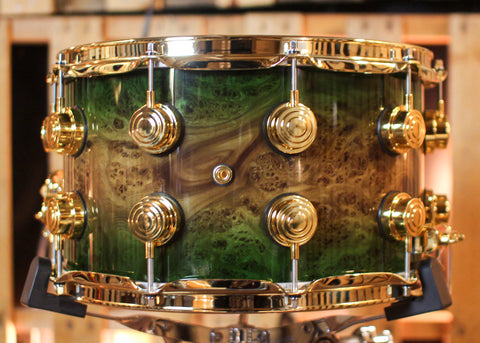 DW 8x14 Collector's Maple/Spruce Emerald Green Burst over Elm Burl Snare Drum - SO#1424837