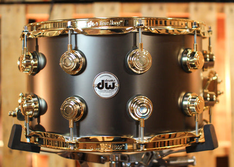 DW 8x14 Collector's Satin Black over Brass Snare Drum w/ Gold Hardware - DRVD0814SVGBK