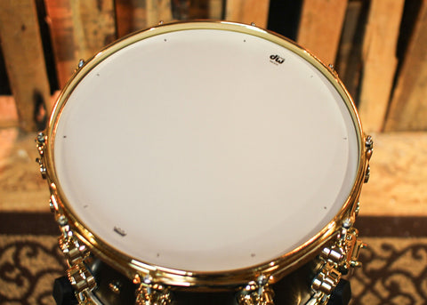 DW 8x14 Collector's Satin Black over Brass Snare Drum w/ Gold Hardware - DRVD0814SVGBK