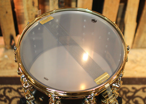 DW 8x14 Collector's Satin Black over Brass Snare Drum w/ Gold Hardware - DRVD0814SVGBK