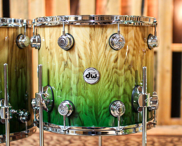DW Collector's 333 Green Fade over Vertical Olive Ash Burl Drum Set - 22,10,12,14,16 - SO#1381839