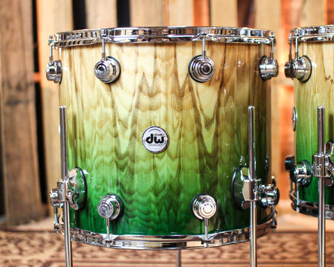 DW Collector's 333 Green Fade over Vertical Olive Ash Burl Drum Set - 22,10,12,14,16 - SO#1381839