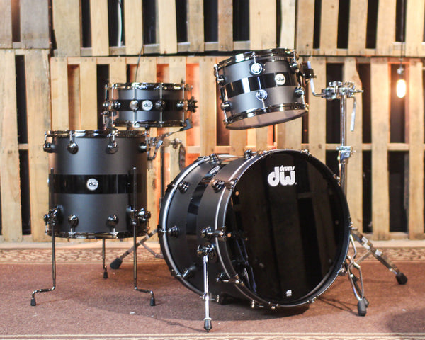 DW Collector's Maple SSC Matte Black Pearl w/ Gloss Black Rally Stripe Drum Set - 22,13,16,14sn - SO#1435202