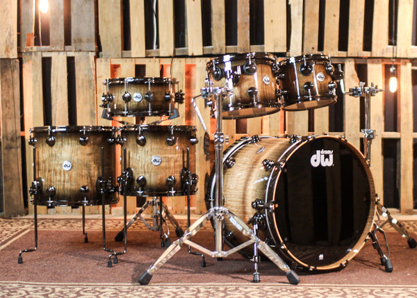 DW Collector's Maple SSC Candy Black Burst over Heartwood Curly Maple Drum Set - 22,10,12,14,16,14sn - SO#1391933