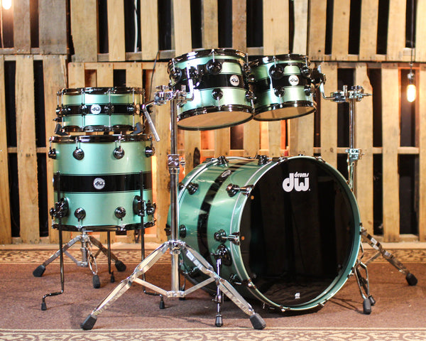 DW Collector's Maple SSC Mint Green Metallic w/ Black Rally Stripe Drum Set - 22,10,12,16,14sn - SO#1414933