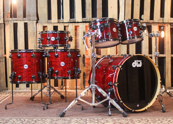 Used DW Collector's Maple Candy Apple Red over Redwood Stump Drum Set - 22,10,12,14,16,14sn